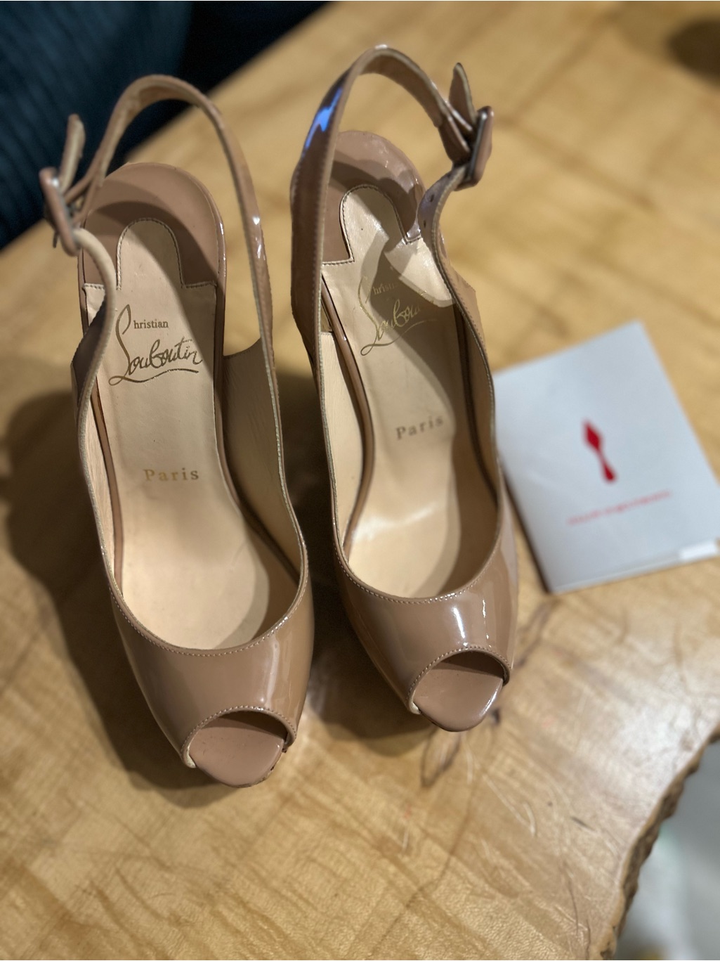 Christian Louboutin Beige Patent Peep-Toe Slingback Heels